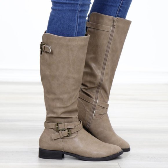Taupe Rider Chick Mid Calf Boots With Buckles - Picture 6 of 11